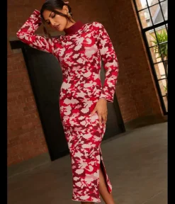 Chi Chi London Abstract Floral Knitted Midi Dress in Pink