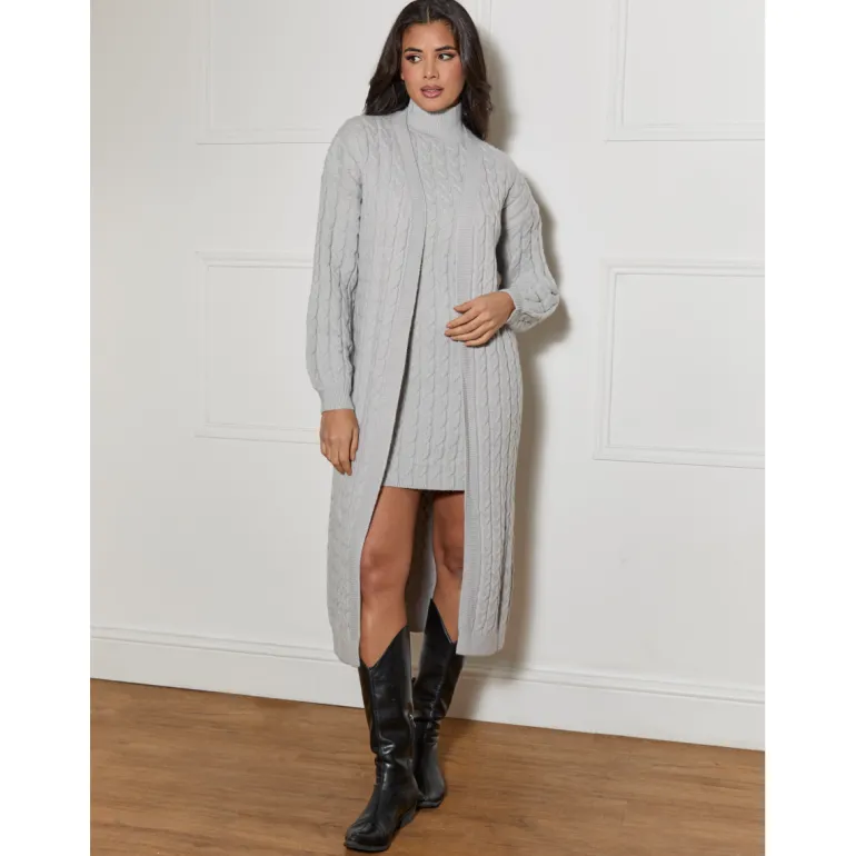 Chi Chi London All-Over Knitted Cable High Neck Mini Dress in Grey