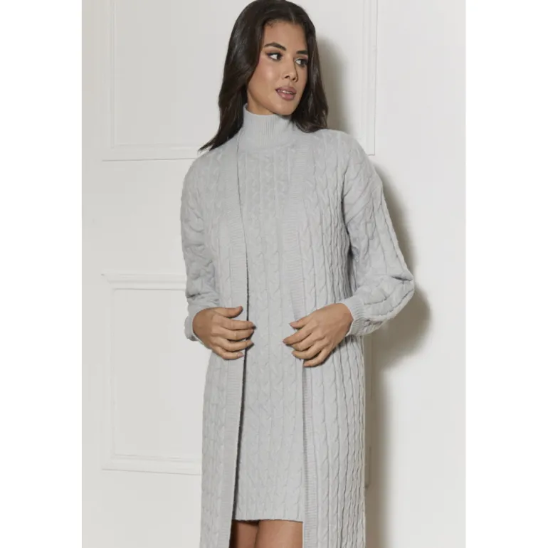 Chi Chi London All-Over Knitted Cable Longline Cardigan in Grey