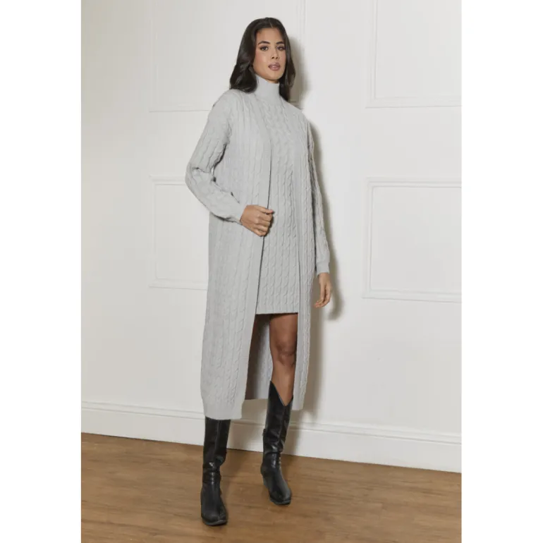 Chi Chi London All-Over Knitted Cable Longline Cardigan in Grey