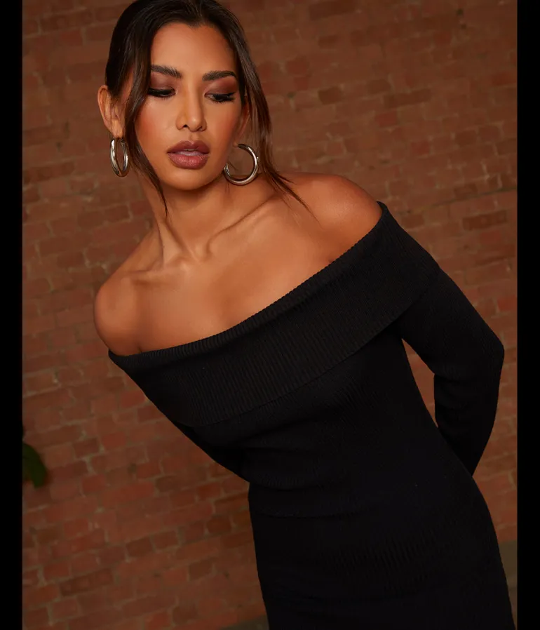 Chi Chi London Bardot Split Detail Midi Jumper Dress in Black