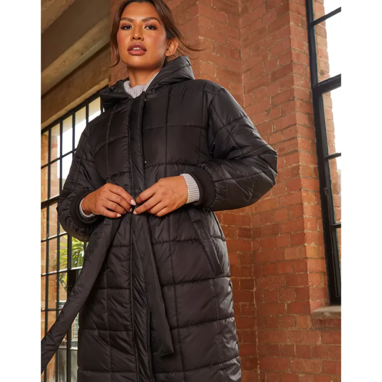Chi Chi London Check Padded Longline Belted Coat in Black