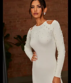 Chi Chi London Cold Shoulder Pearl Detail Rib Midi Dress in Cream