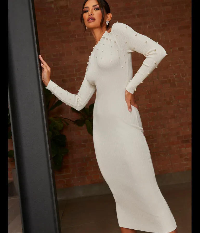 Chi Chi London Cold Shoulder Pearl Detail Rib Midi Dress in Cream
