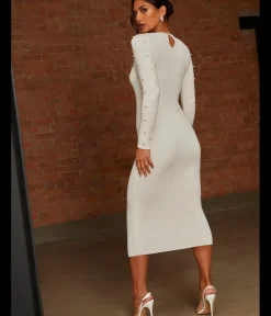 Chi Chi London Cold Shoulder Pearl Detail Rib Midi Dress in Cream