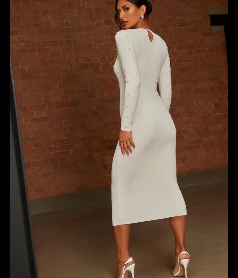 Chi Chi London Cold Shoulder Pearl Detail Rib Midi Dress in Cream