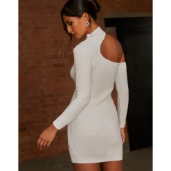 Chi Chi London Cut-Out Long Sleeve Knitted Rib Dress in White