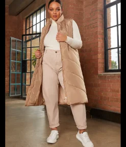 Chi Chi London Diamond Quilt Detail Longline Padded Gilet in Tan