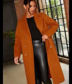 Chi Chi London Double Breasted Longline Coat in Orange