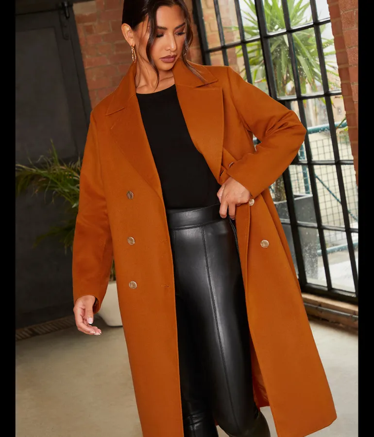 Chi Chi London Double Breasted Longline Coat in Orange