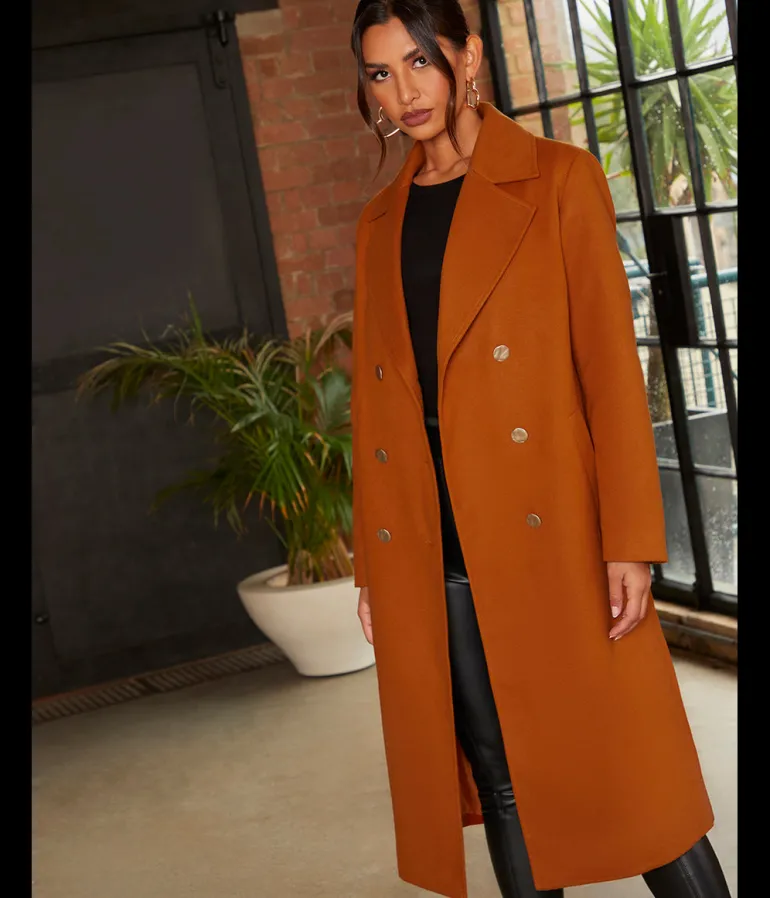 Chi Chi London Double Breasted Longline Coat in Orange