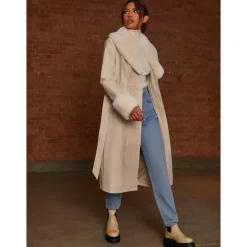 Chi Chi London Faux Leather Longline Coat with Faux Fur Trim in Taupe