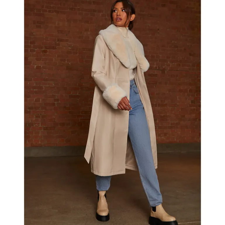 Chi Chi London Faux Leather Longline Coat with Faux Fur Trim in Taupe