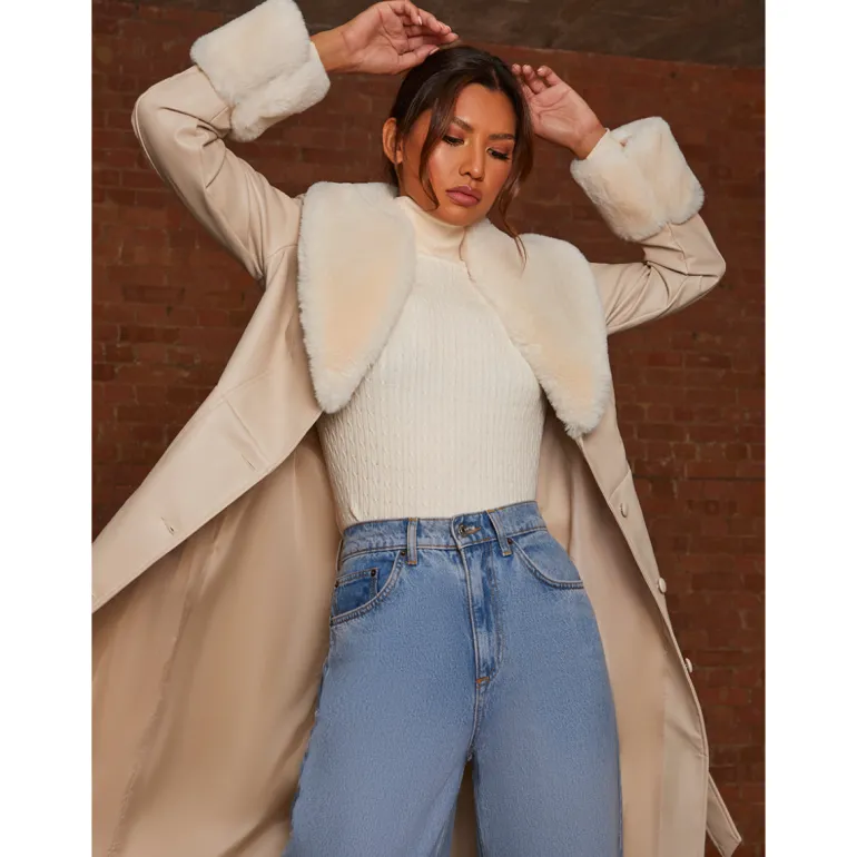 Chi Chi London Faux Leather Longline Coat with Faux Fur Trim in Taupe