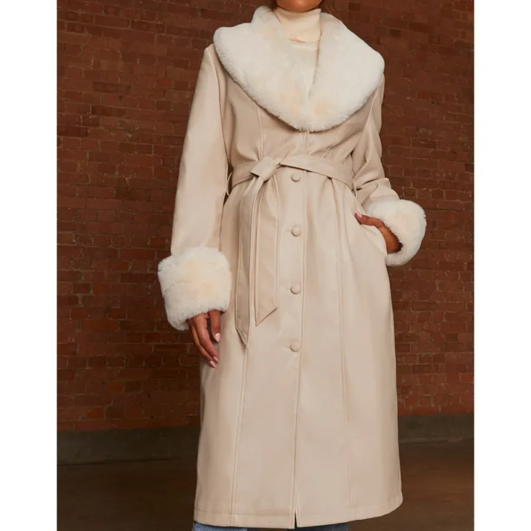 Chi Chi London Faux Leather Longline Coat with Faux Fur Trim in Taupe