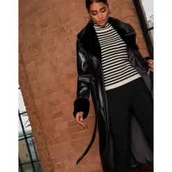 Chi Chi London Faux Leather Longline Coat with Faux Fur Trim in Black