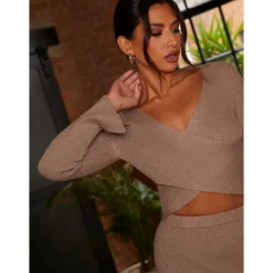 Chi Chi London Flute Sleeve Wrap Detail Rib Knit Top in Mocha