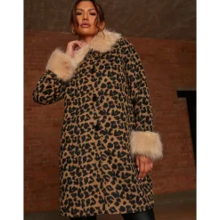 Chi Chi London Leopard Print Contrast Faux Fur Trim Coat in Brown