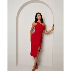 Chi Chi London One Shoulder Split Detail Midi Dress in Red