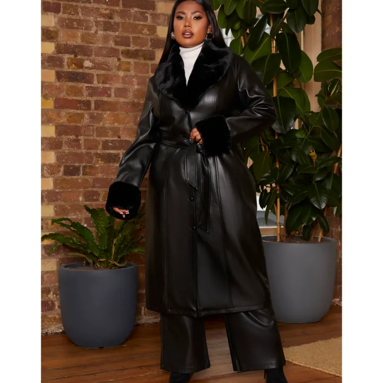 Chi Chi London Plus Size Faux Leather Longline Coat with Faux Fur Trim in Black