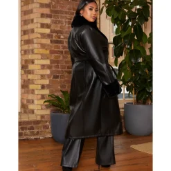 Chi Chi London Plus Size Faux Leather Longline Coat with Faux Fur Trim in Black