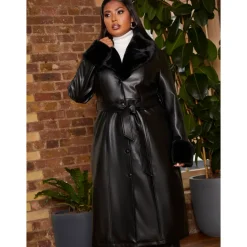 Chi Chi London Plus Size Faux Leather Longline Coat with Faux Fur Trim in Black