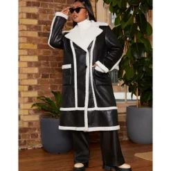Chi Chi London Plus Size Contrast Trim Belted Shearling Coat in Black