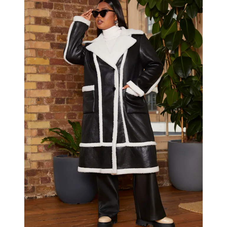 Chi Chi London Plus Size Contrast Trim Belted Shearling Coat in Black
