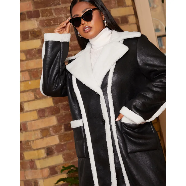 Chi Chi London Plus Size Contrast Trim Belted Shearling Coat in Black