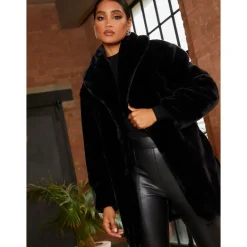 Chi Chi London Plush Faux Fur Coat in Black