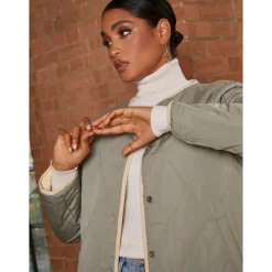 Chi Chi London Reversible Quilted Short Jacket in Cream and Khaki
