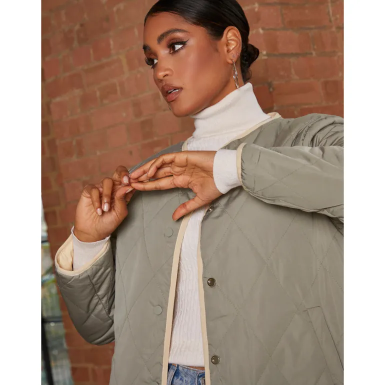Chi Chi London Reversible Quilted Short Jacket in Cream and Khaki