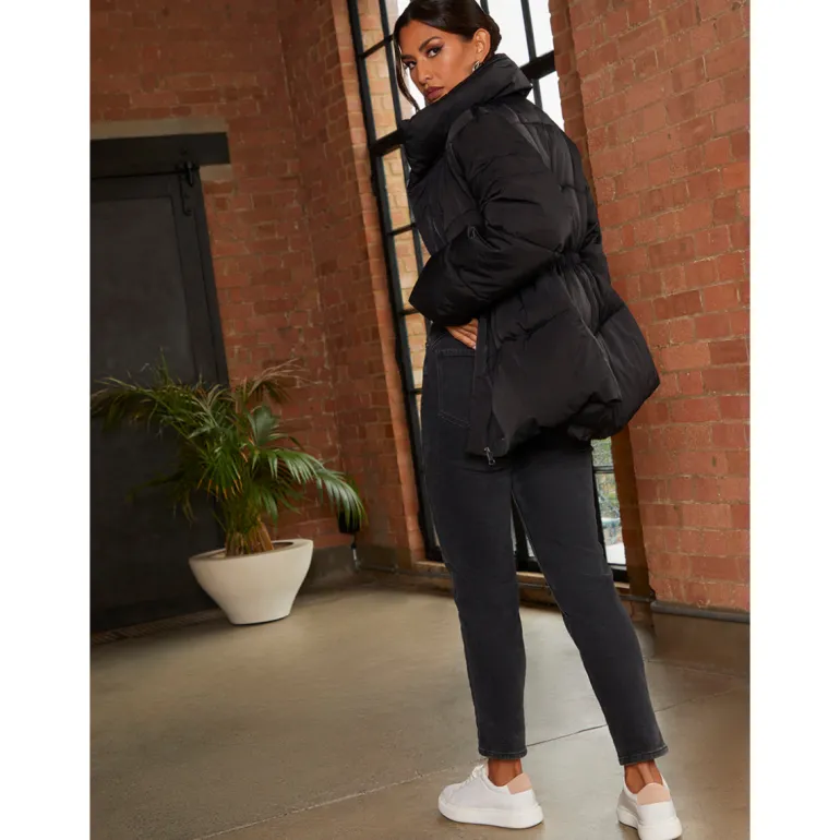 Chi Chi London Shirred Waist Short Padded Jacket in Black