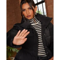 Chi Chi London Shirred Waist Short Padded Jacket in Black