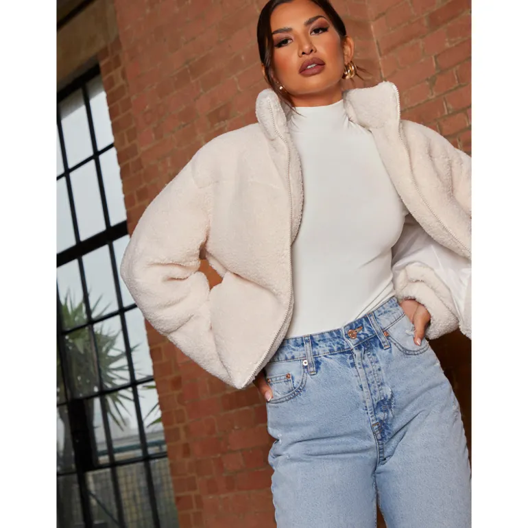 Chi Chi London Short Padded Borg Coat in Cream