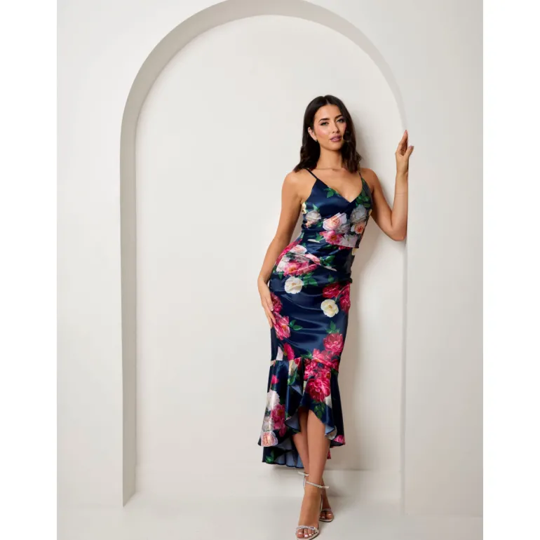 Chi Chi London Sleeveless Floral Print Ruffle Hem Midi Dress in Navy
