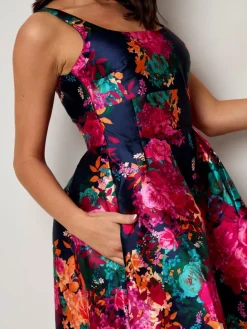 Chi Chi London Sleeveless Floral Fit and Flare Midi Dress in Navy