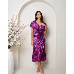 Chi Chi London V Neck Floral Wrap Midi Dress in Multi