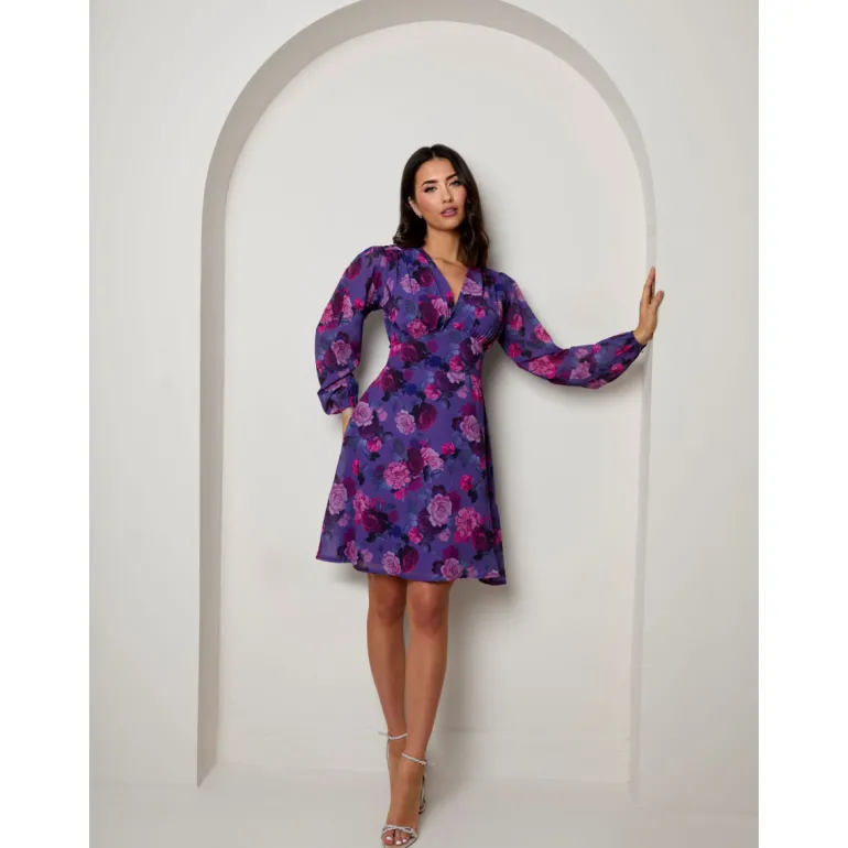 Chi Chi London V Neck Floral Printed Chiffon Dress in Purple