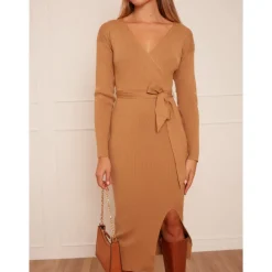 Chi Chi London Wrap Split Side Knitted Midi Dress in Camel