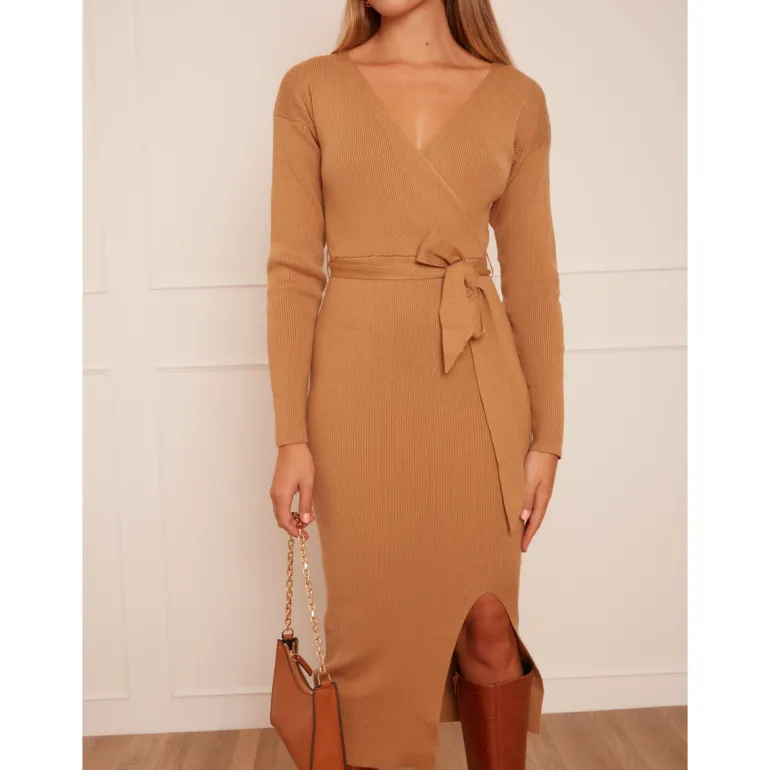 Chi Chi London Wrap Split Side Knitted Midi Dress in Camel