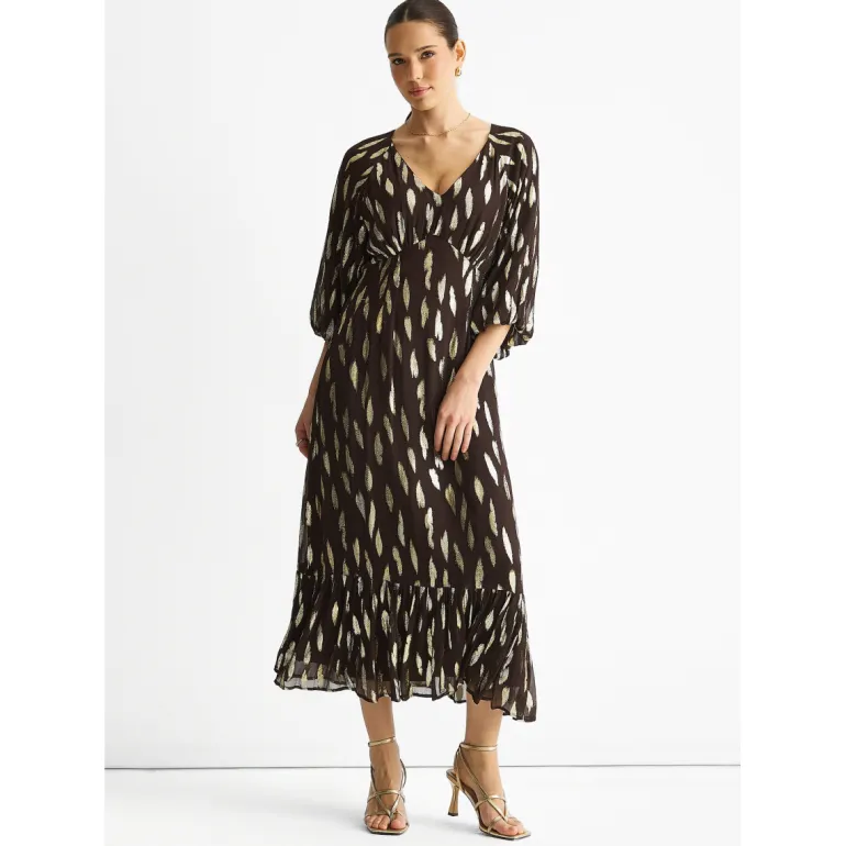 Chocolate Viscose Clipped Balloon Sleeve Maxi Dress