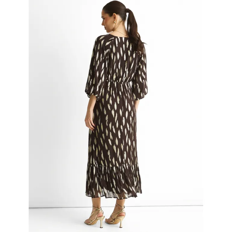 Chocolate Viscose Clipped Balloon Sleeve Maxi Dress
