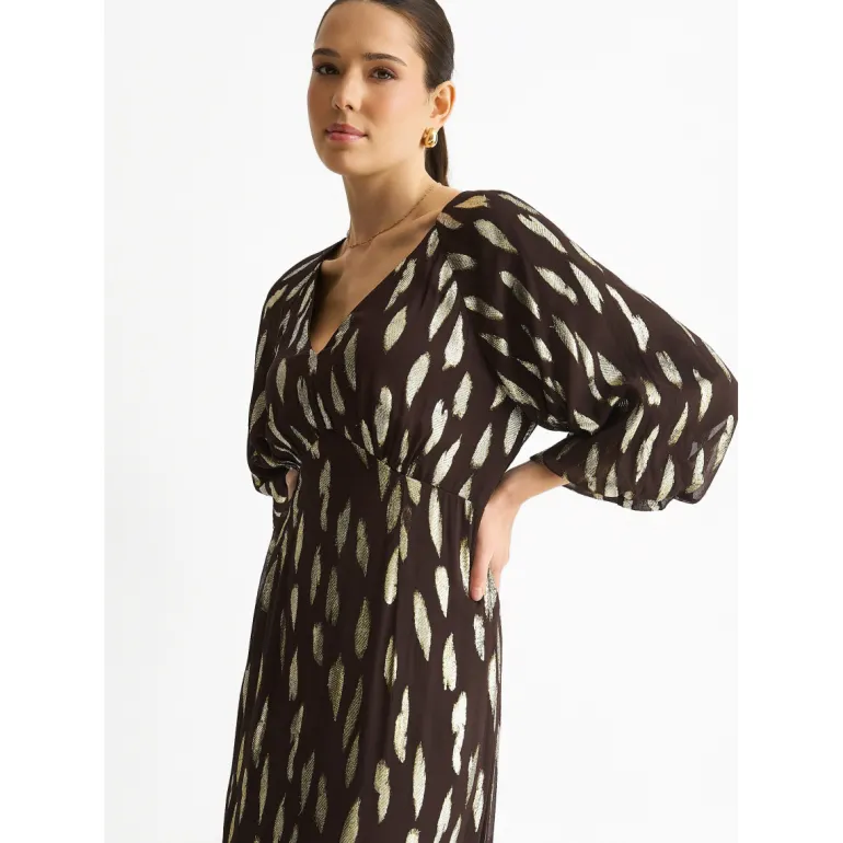 Chocolate Viscose Clipped Balloon Sleeve Maxi Dress
