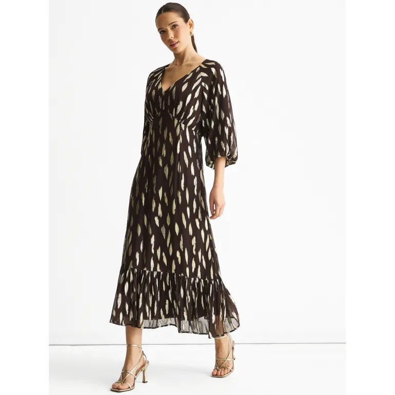 Chocolate Viscose Clipped Balloon Sleeve Maxi Dress
