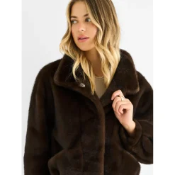 Coffee Funnel Neck Button Up Faux Fur Jacket