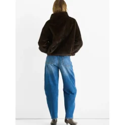 Coffee Funnel Neck Button Up Faux Fur Jacket
