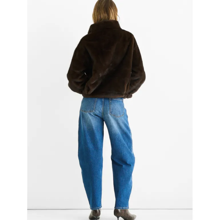 Coffee Funnel Neck Button Up Faux Fur Jacket