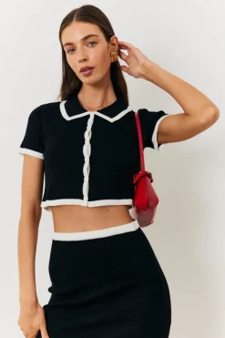 Contrast Piping Knit Co Ord Crop Top