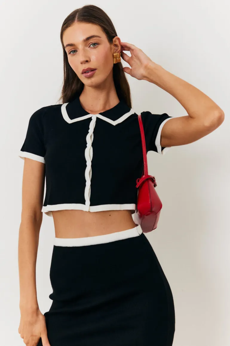 Contrast Piping Knit Co Ord Crop Top